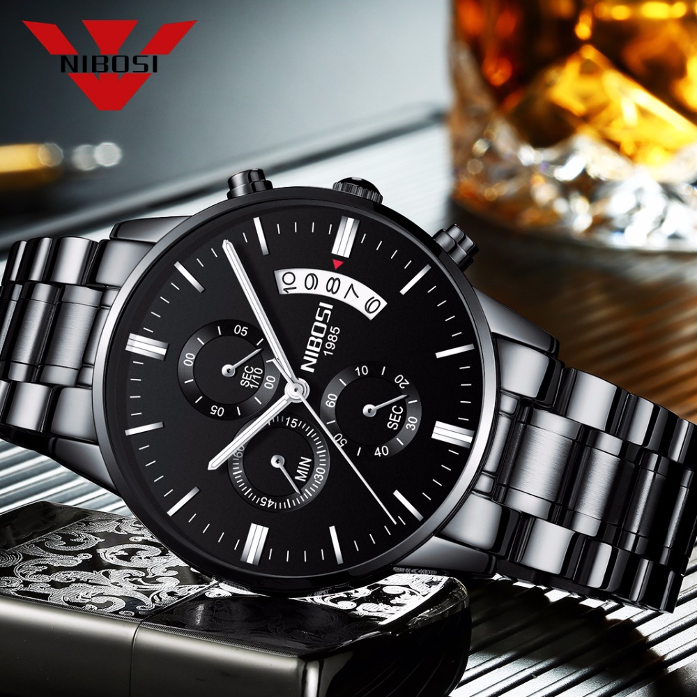 Smartwatch Watches For Men Brands - NIBOSI czarny zegarek kwarcowy ze stali